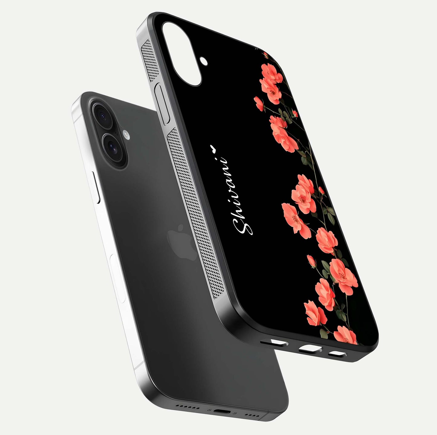 Crimson Bloom Grace Custom Name Glass Case for iPhone 16 floating mockup showing HD gloss and floral tones