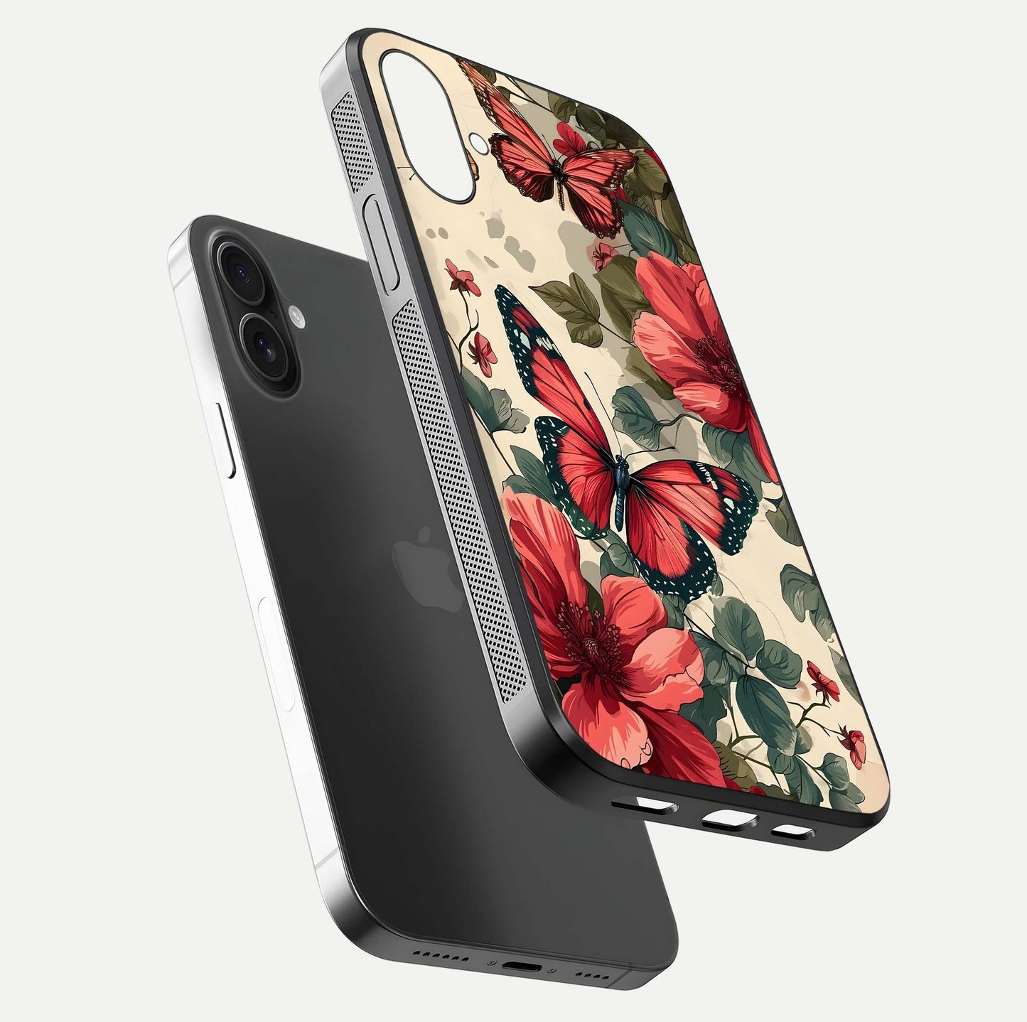 Crimson Butterfly Garden Glass Case for iPhone 16 floating mockup showing HD gloss and vivid art