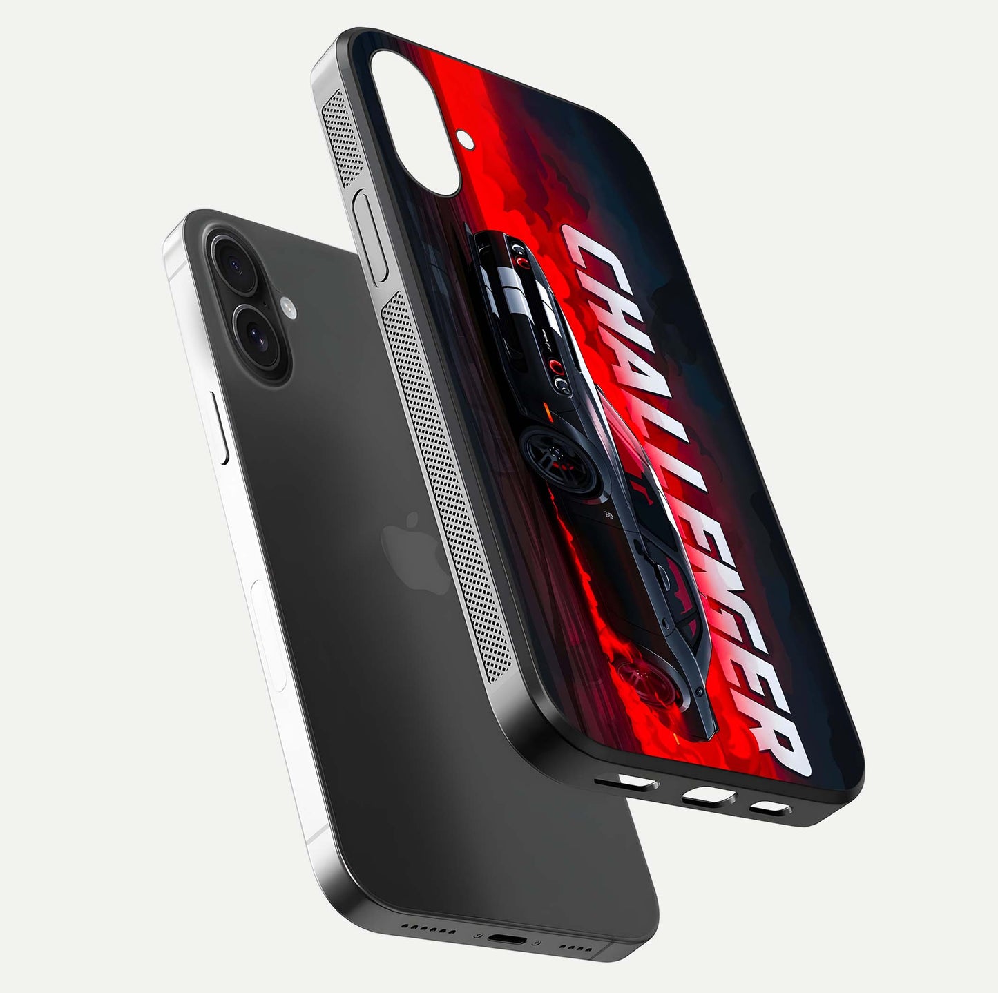 Crimson Challenger Fury Glass Case for iPhone 16 floating mockup showing HD gloss and sleek shine