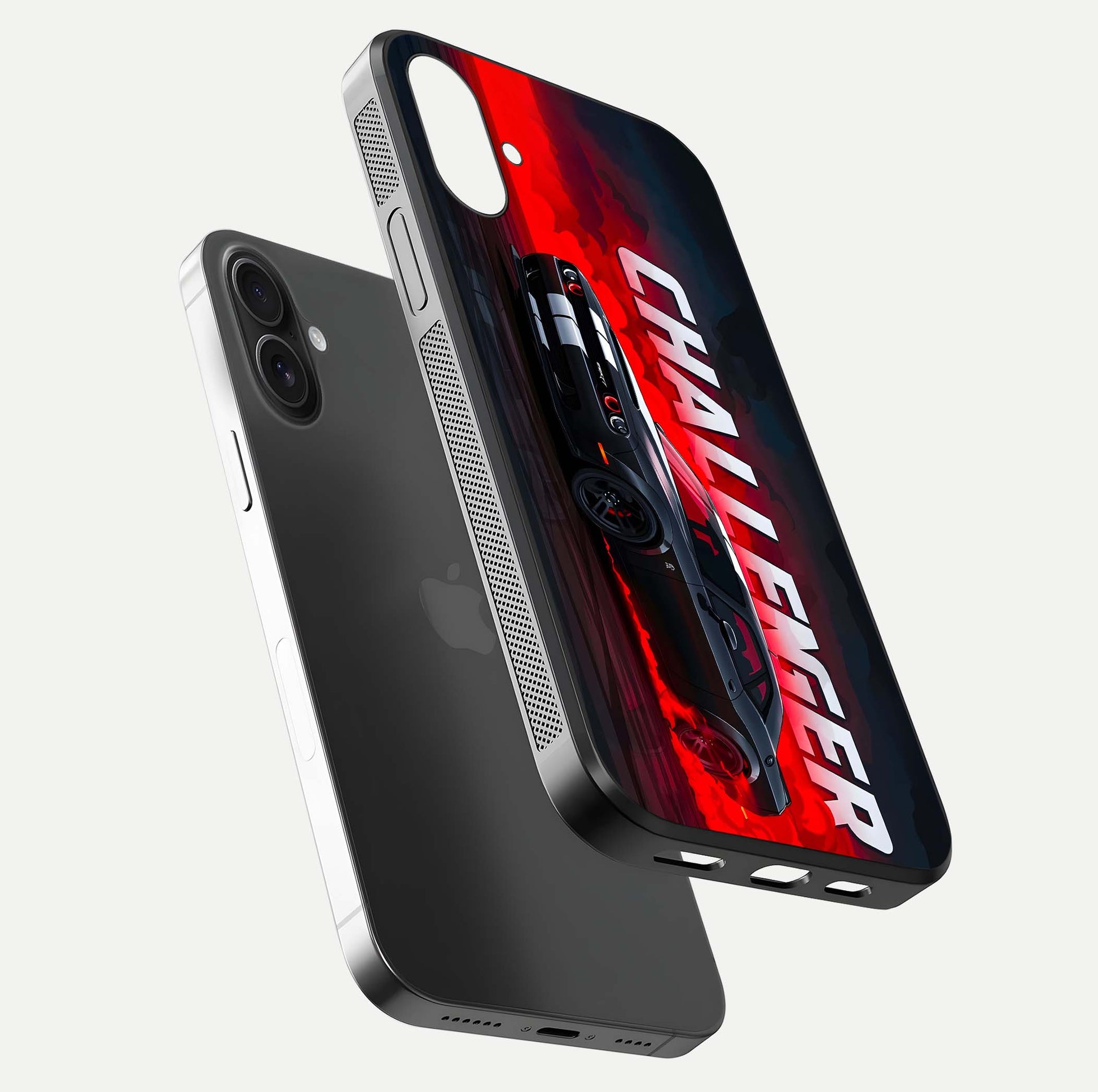 Crimson Challenger Fury Glass Case for iPhone 16 floating mockup showing HD gloss and sleek shine