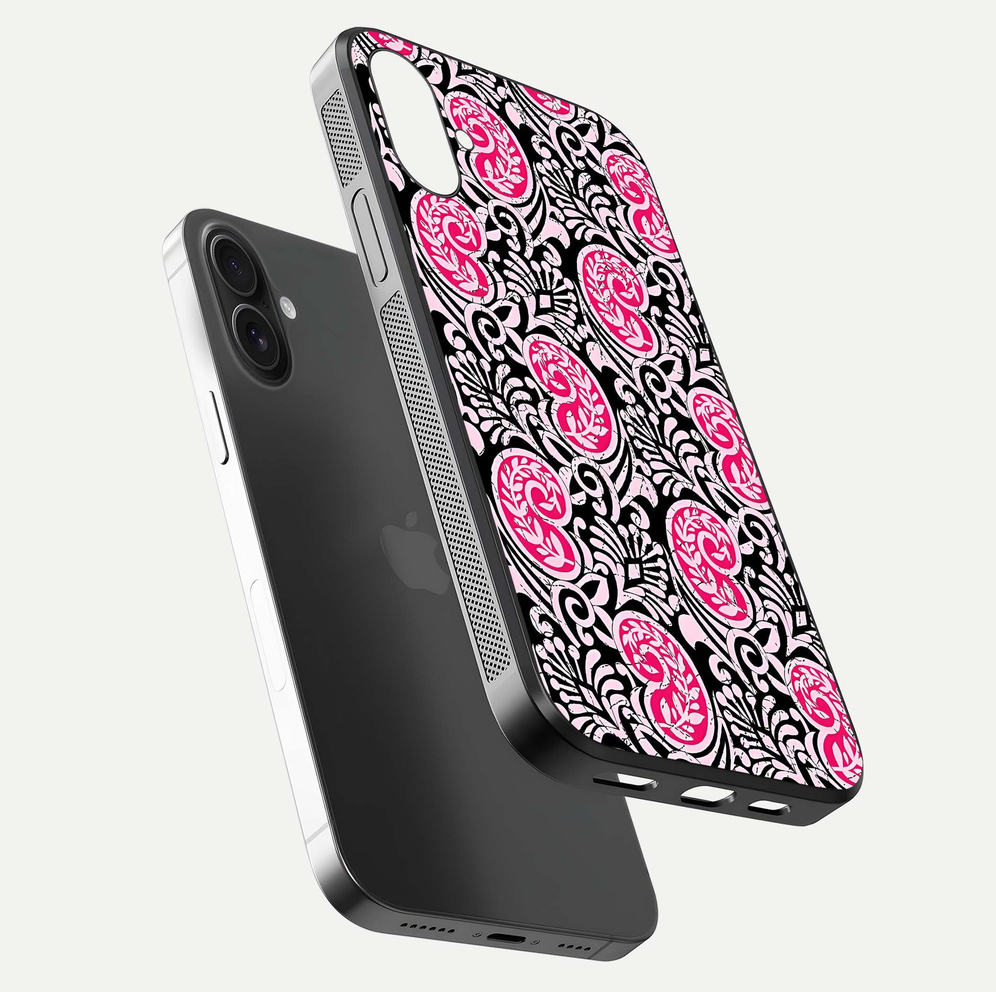 Crimson Paisley Charm Glass Case for iPhone 16 floating mockup showing gloss shine and texture clarity