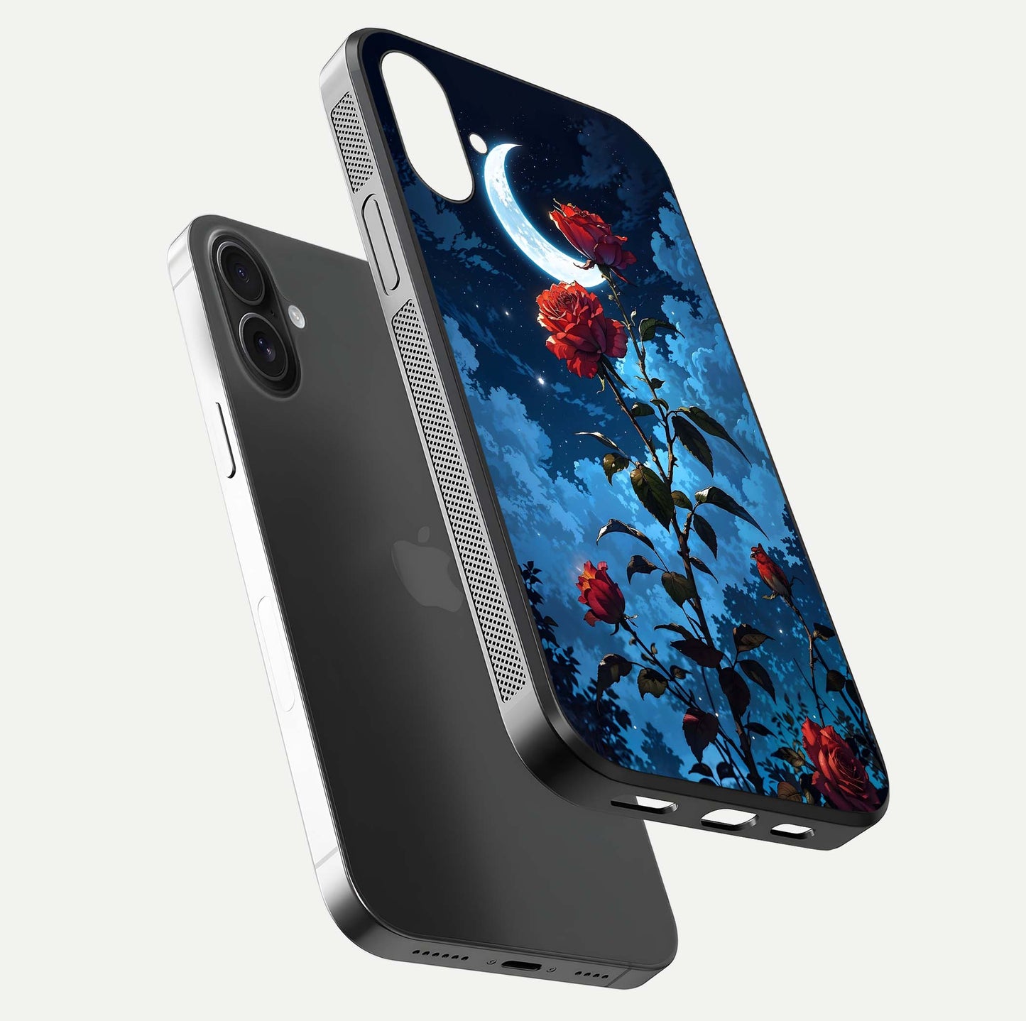 Crimson Rose Moon Glass Case for iPhone 16 floating mockup showing HD shine and elegant contrast