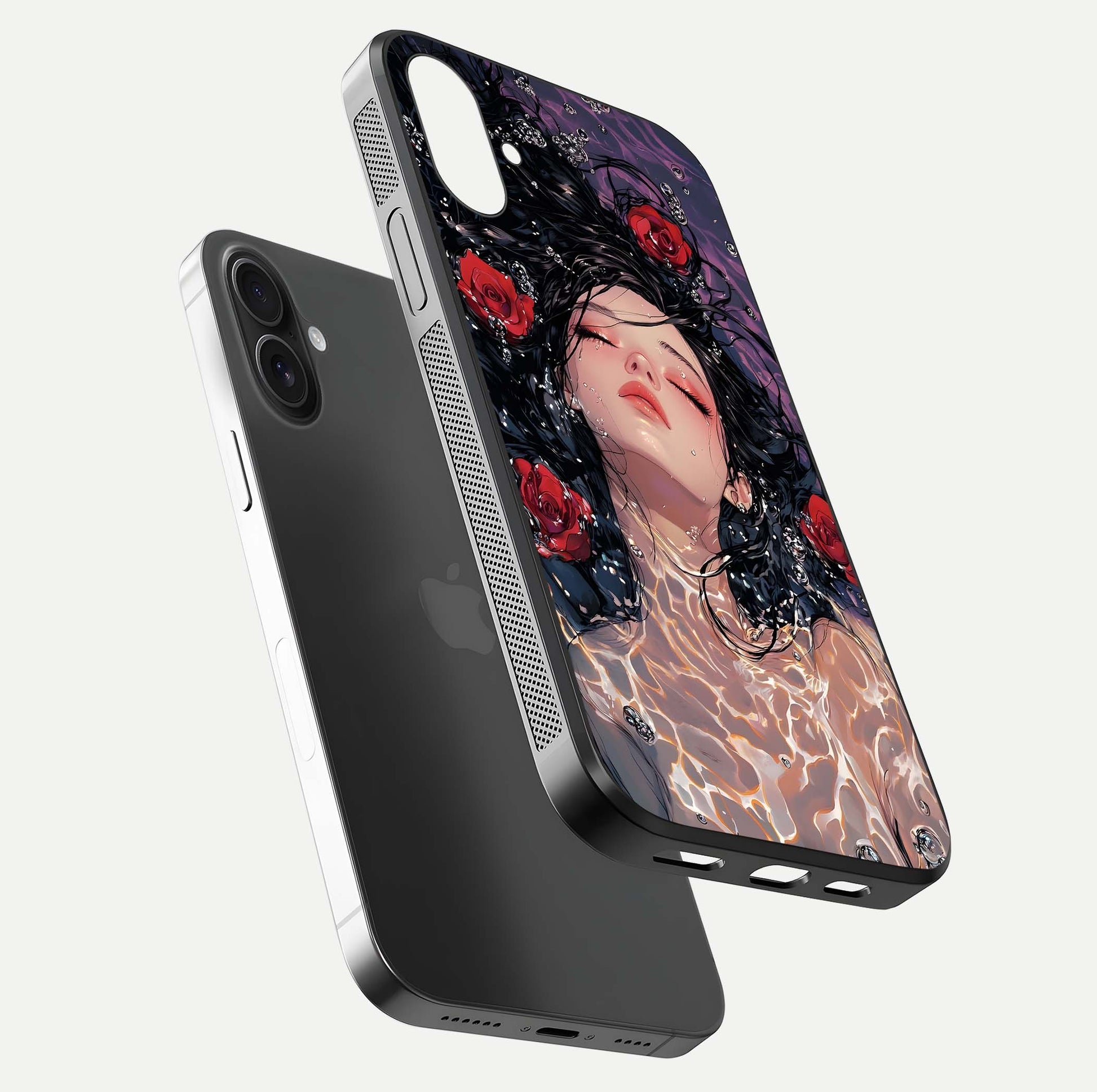 Crimson Rose Serenity Glass Case for iPhone 16 floating mockup showing HD gloss and floral texture