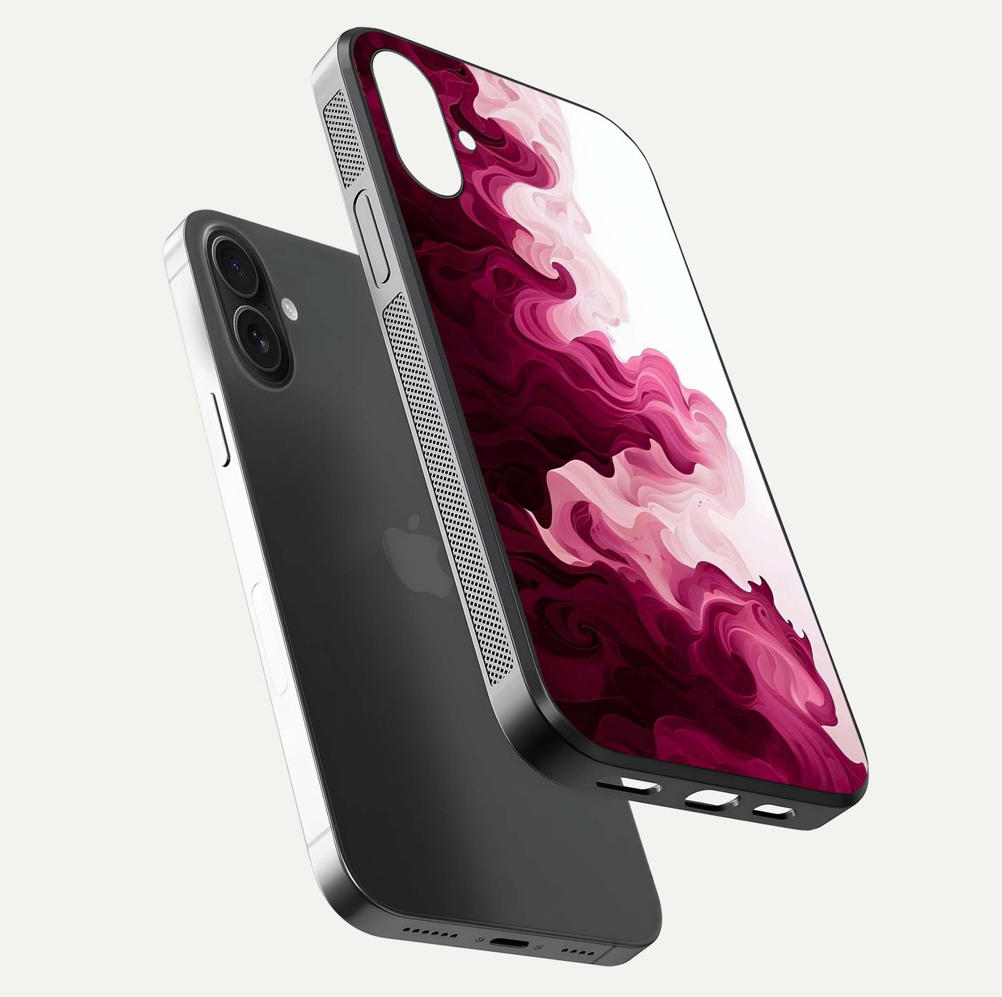 Crimson Wave Flow Glass Case for iPhone 16 floating mockup showing gloss shine and smooth edge