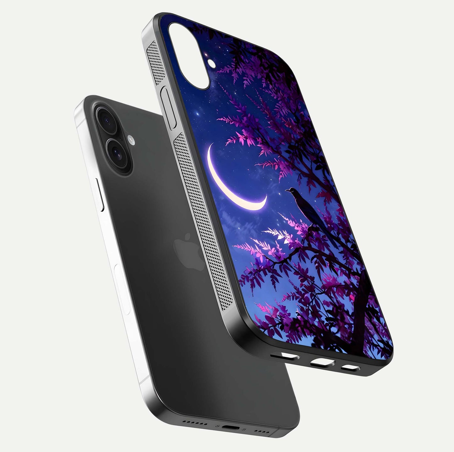 Crow & Moon Scenery Glass Case for iPhone 16 floating mockup showing HD gloss texture and soft moonlight glow
