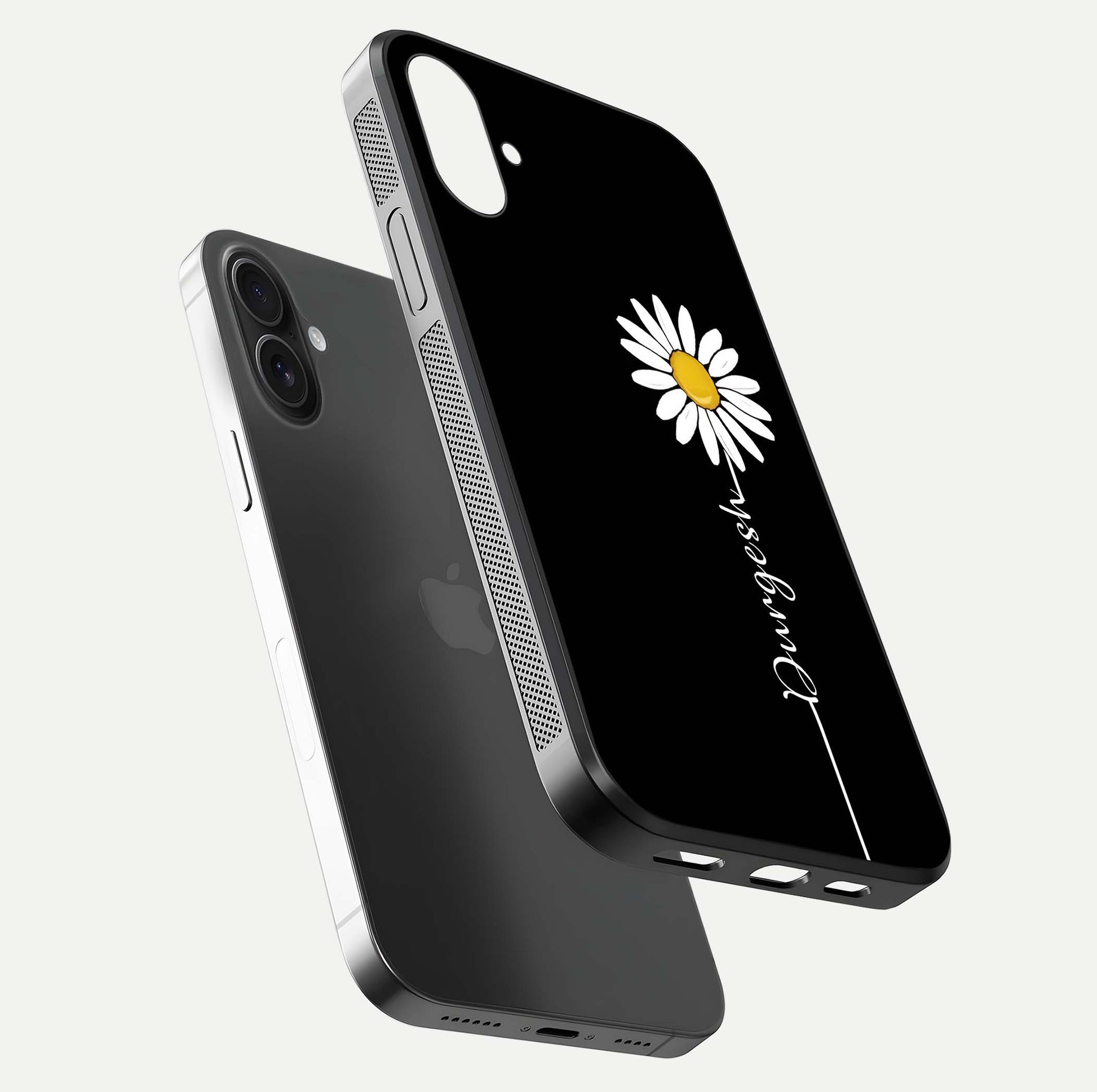 Custom Name White Flower Glass Case for iPhone 16 floating mockup displaying HD gloss and delicate texture