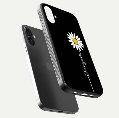 Custom Name White Flower Glass Case for iPhone 16 floating mockup displaying HD gloss and delicate texture