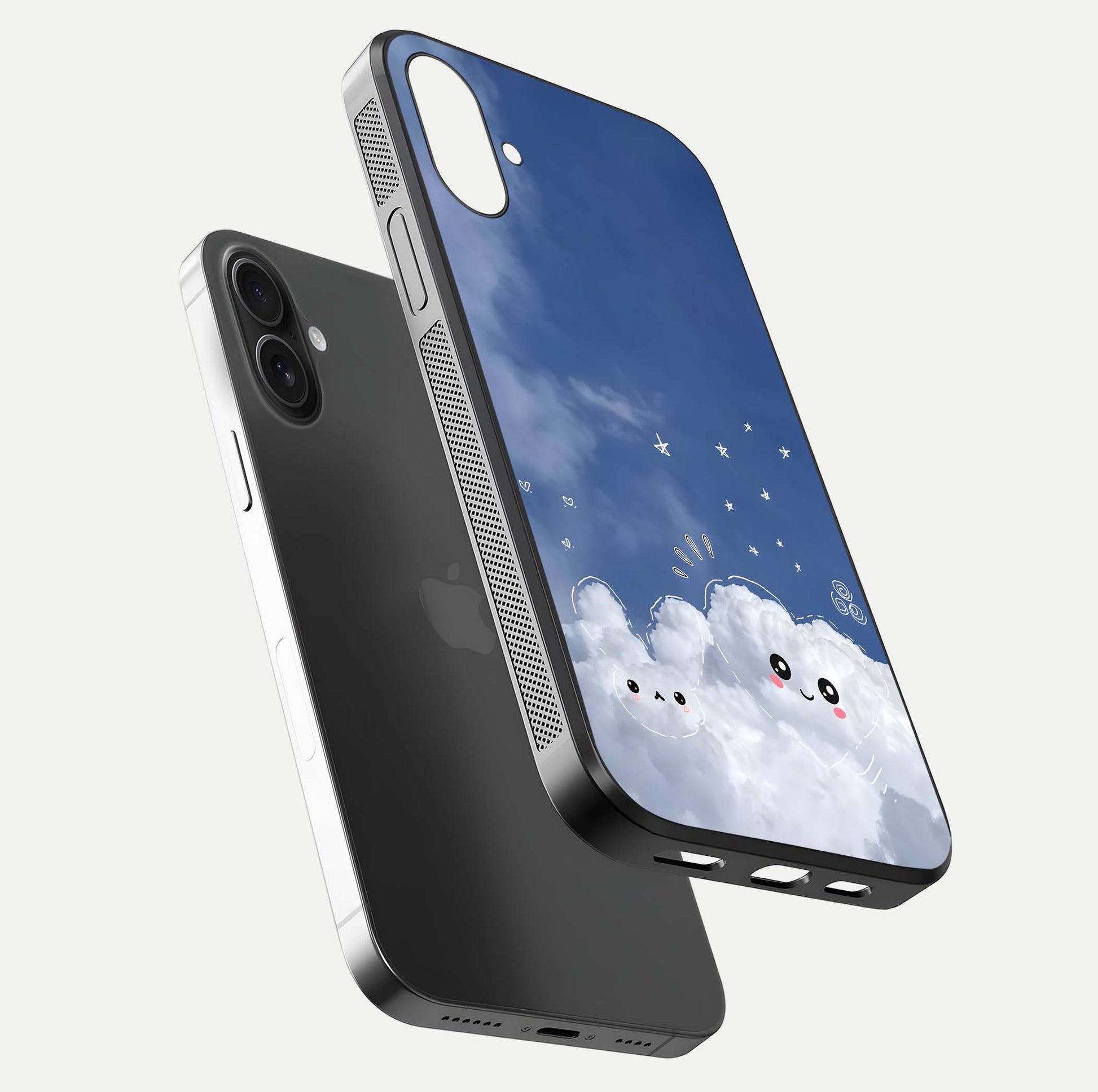 Cute Blossom Cloud Glass Case for iPhone 16 floating mockup showing HD shine and soft gradient finish