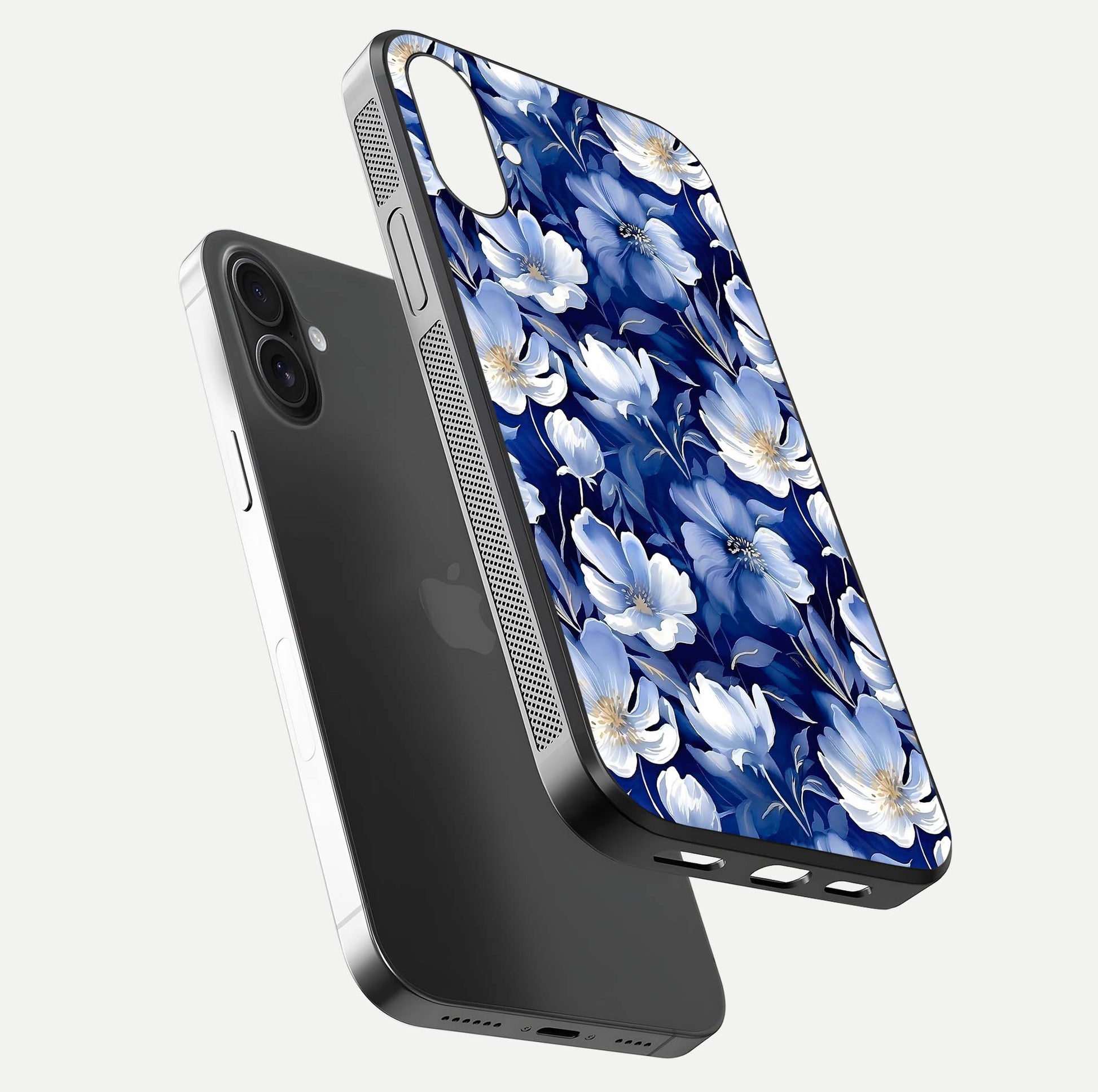 Cute Floral Patterns Glass Case for iPhone 16 floating mockup showing shine depth and design clarity