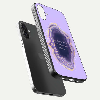 Damned People Quote Glass Case for iPhone 16 floating mockup showing gloss reflection and text balance