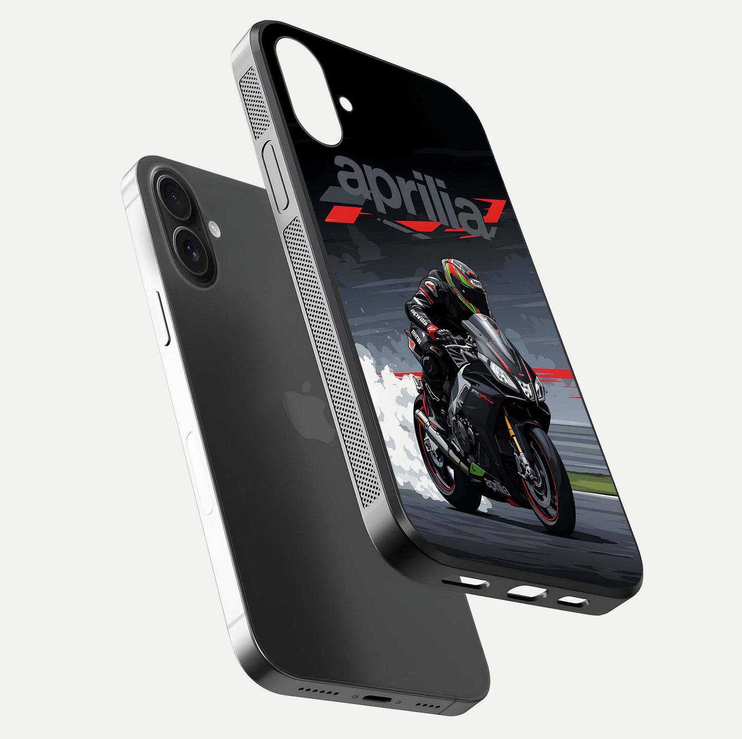 Dark Aprilla Glass Case for iPhone 16 floating mockup showing glossy contrast and texture clarity