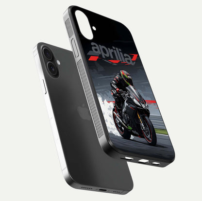 Dark Aprilla Glass Case for iPhone 16 floating mockup showing glossy contrast and texture clarity