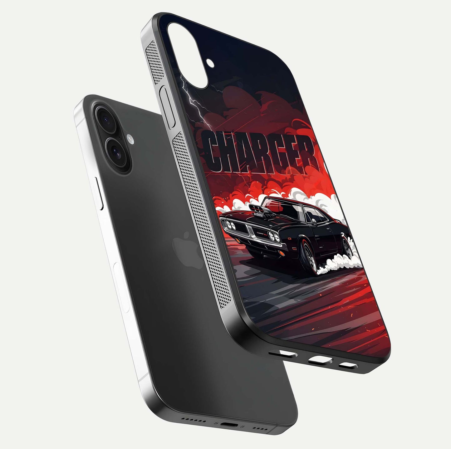 Dark Charger Fury Glass Case for iPhone 16 floating mockup showing reflection depth and shiny surface