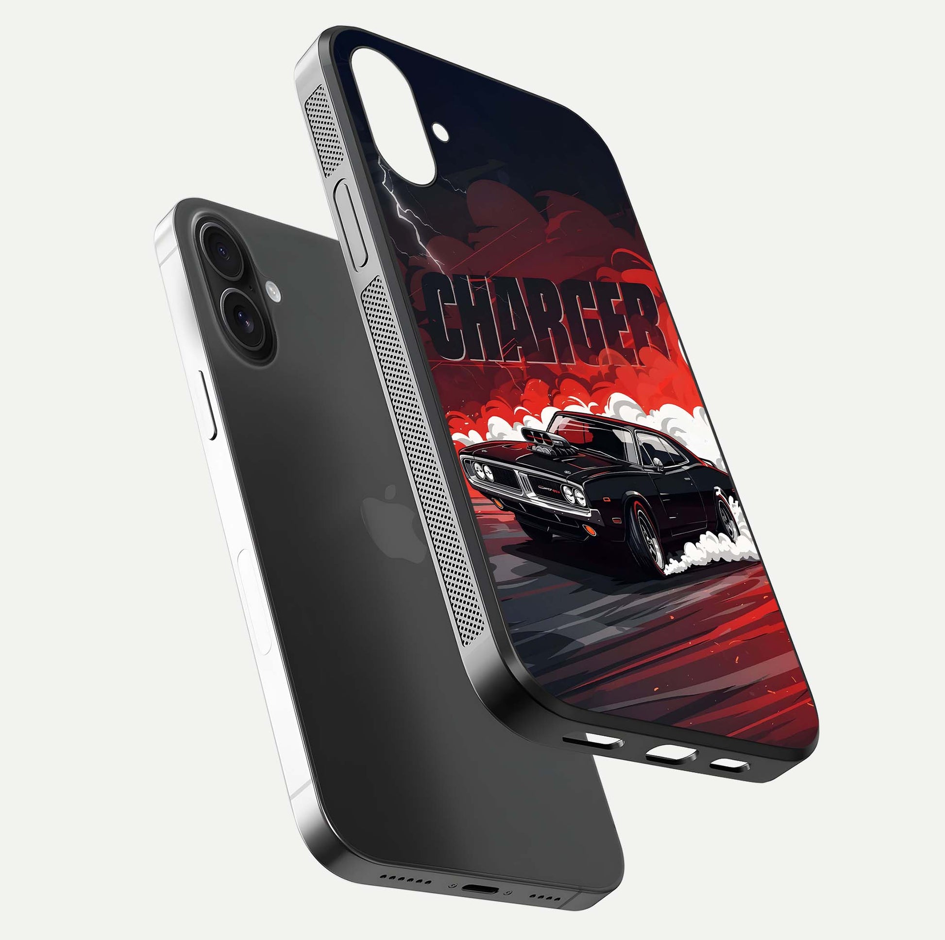 Dark Charger Fury Glass Case for iPhone 16 floating mockup showing reflection depth and shiny surface