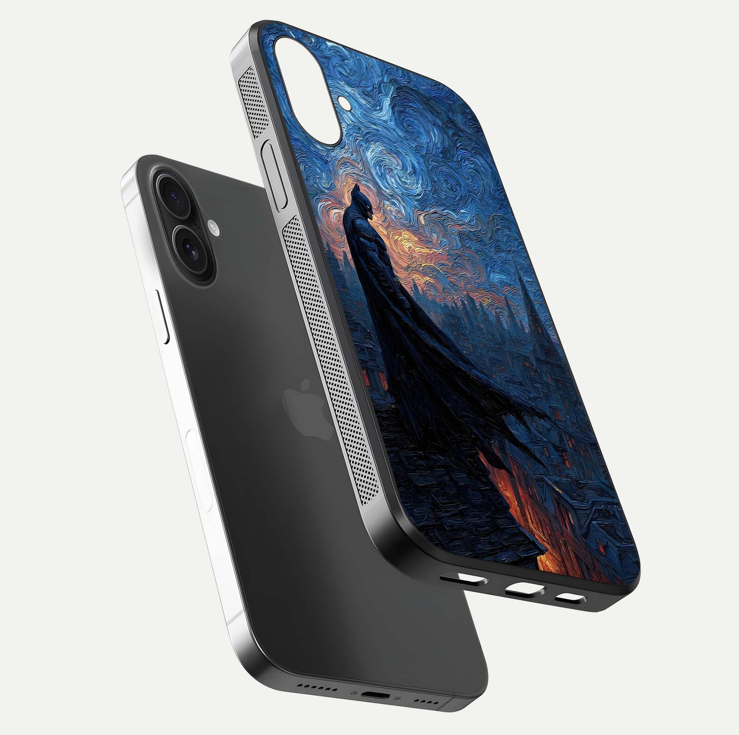 Dark Knight Dusk Glass Case for iPhone 16 floating mockup showing glossy depth and cinematic lighting