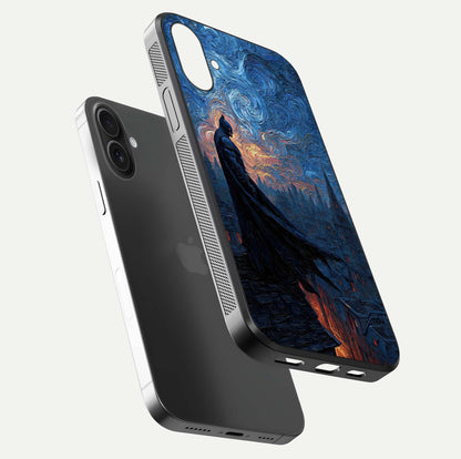 Dark Knight Dusk Glass Case for iPhone 16 floating mockup showing glossy depth and cinematic lighting