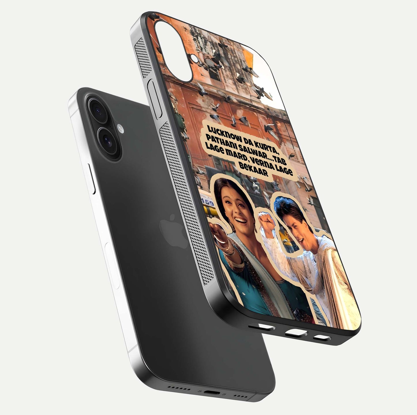 Desi Retro Vibes Glass Case for iPhone 16 floating mockup showing shine polish and vivid tones