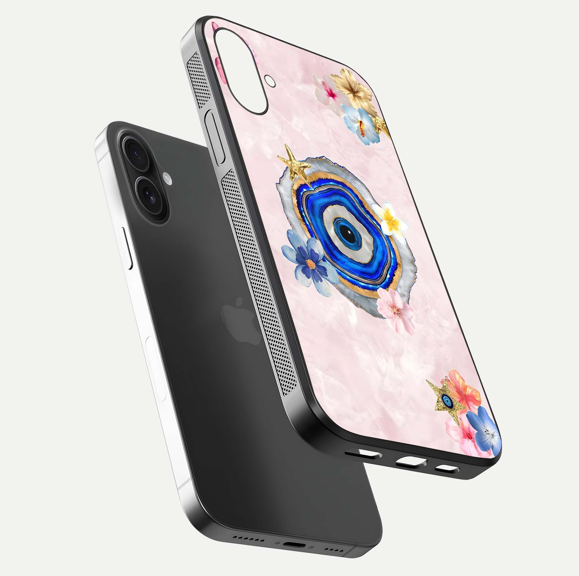Divine Aura Bloom Glass Case for iPhone 16 floating mockup showing gloss texture and elegant design