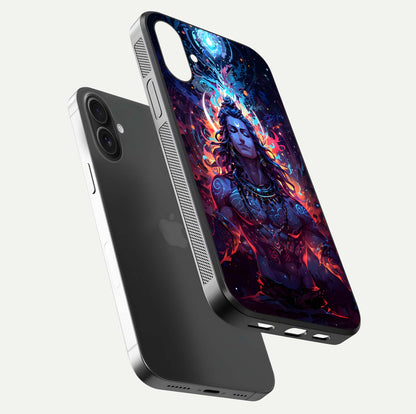 Divine Fire Shiv Glass Case for iPhone 16 floating mockup showing glow texture and gloss finish