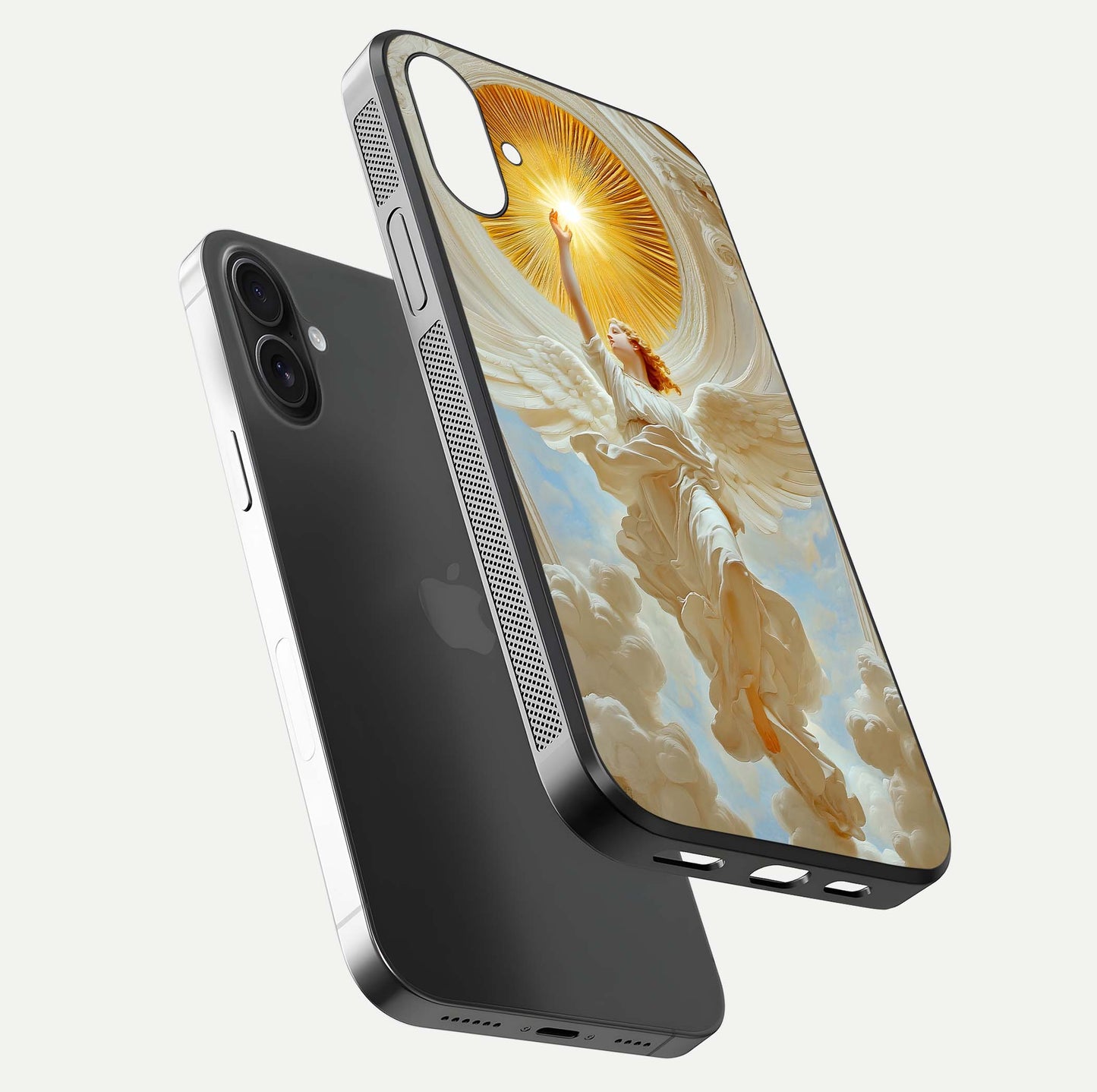 Divine Light Angel Glass Case for iPhone 16 floating mockup showing gloss texture and radiant light