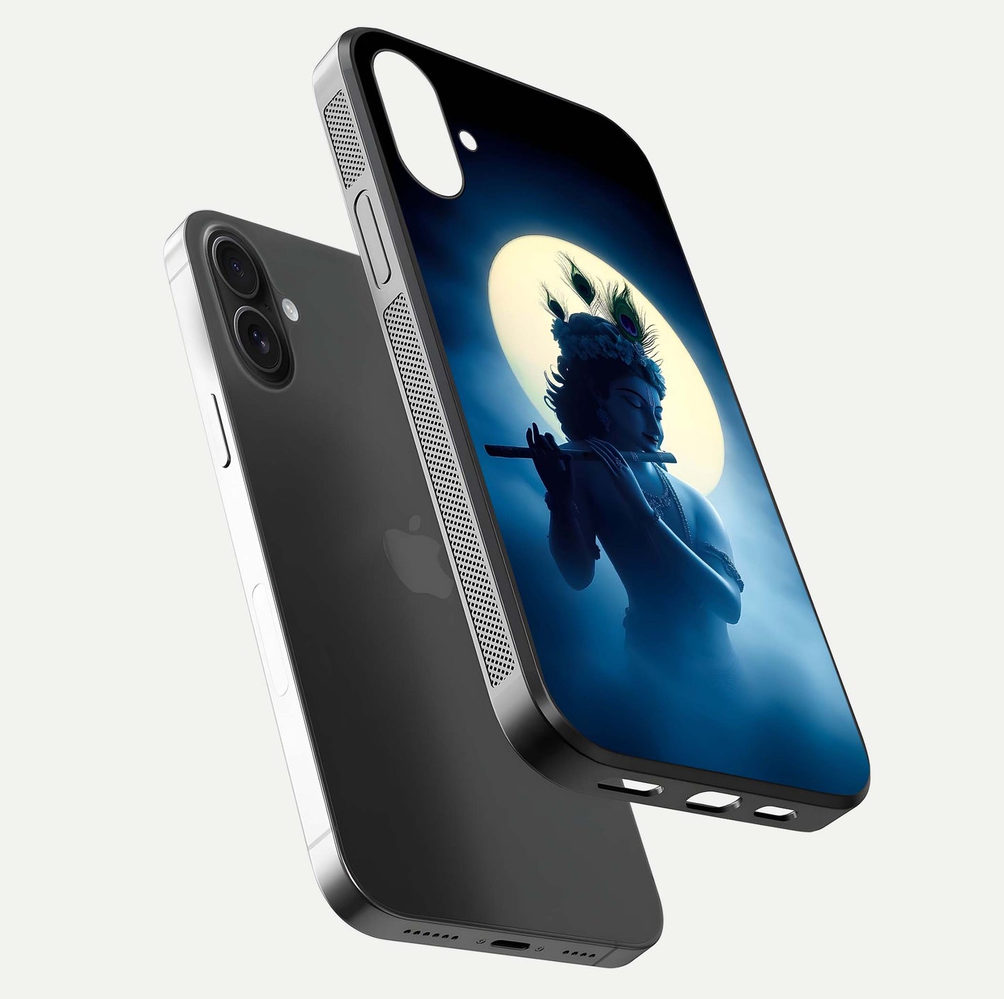 Divine Moon Flute Glass Case for iPhone 16 floating mockup showing HD gloss and luminous texture