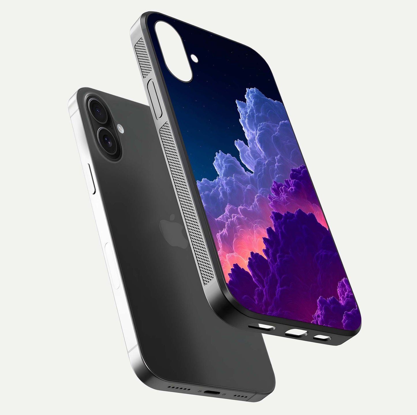 Dreamy Cloud Skies Glass Case for iPhone 16 floating mockup showing glossy depth and delicate tone