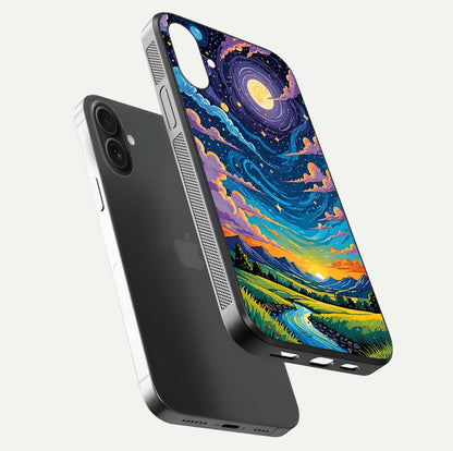 Dreamy Night Landscape Glass Case for iPhone 16 floating mockup showing glossy depth and serene color