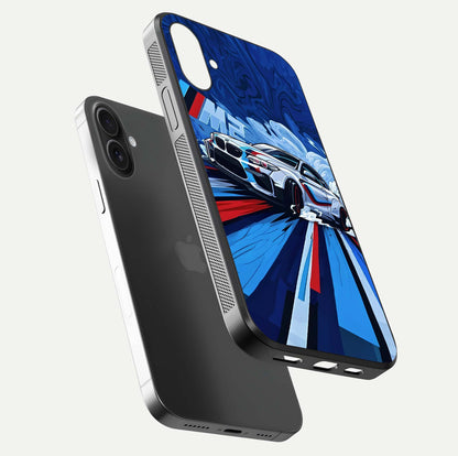 Drift Power Rush Glass Case for iPhone 16 floating mockup showing gloss polish and speed-theme design