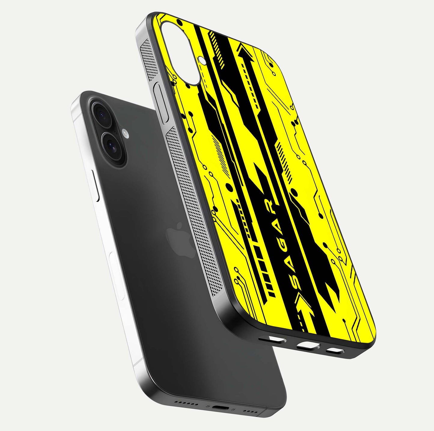 Electric Pulse CYBERPUNK Custom Name Glass Case for iPhone 16 floating mockup showing HD gloss and vibrant cyberpunk glow