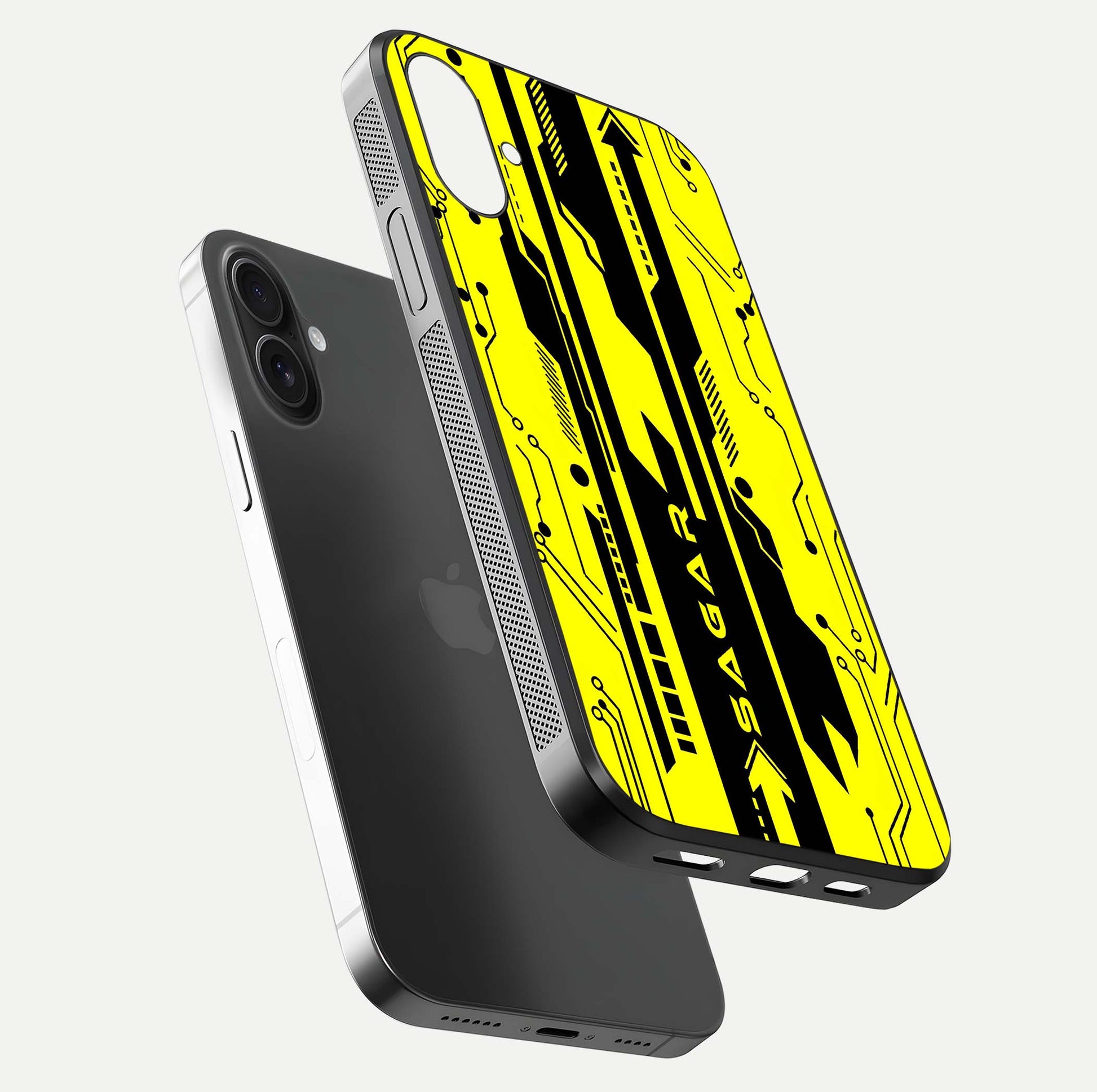 Electric Pulse CYBERPUNK Custom Name Glass Case for iPhone 16 floating mockup showing HD gloss and vibrant cyberpunk glow