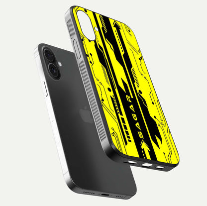 Electric Pulse CYBERPUNK Custom Name Glass Case for iPhone 16 floating mockup showing HD gloss and vibrant cyberpunk glow