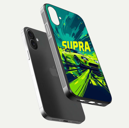 Electric Supra Thunder Glass Case for iPhone 16 floating mockup showing gloss depth and energy glow