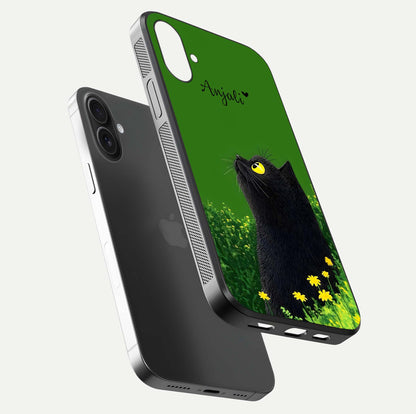 Emerald Cat Custom Name Glass Case for iPhone 16 floating mockup showing HD gloss and soft gradient