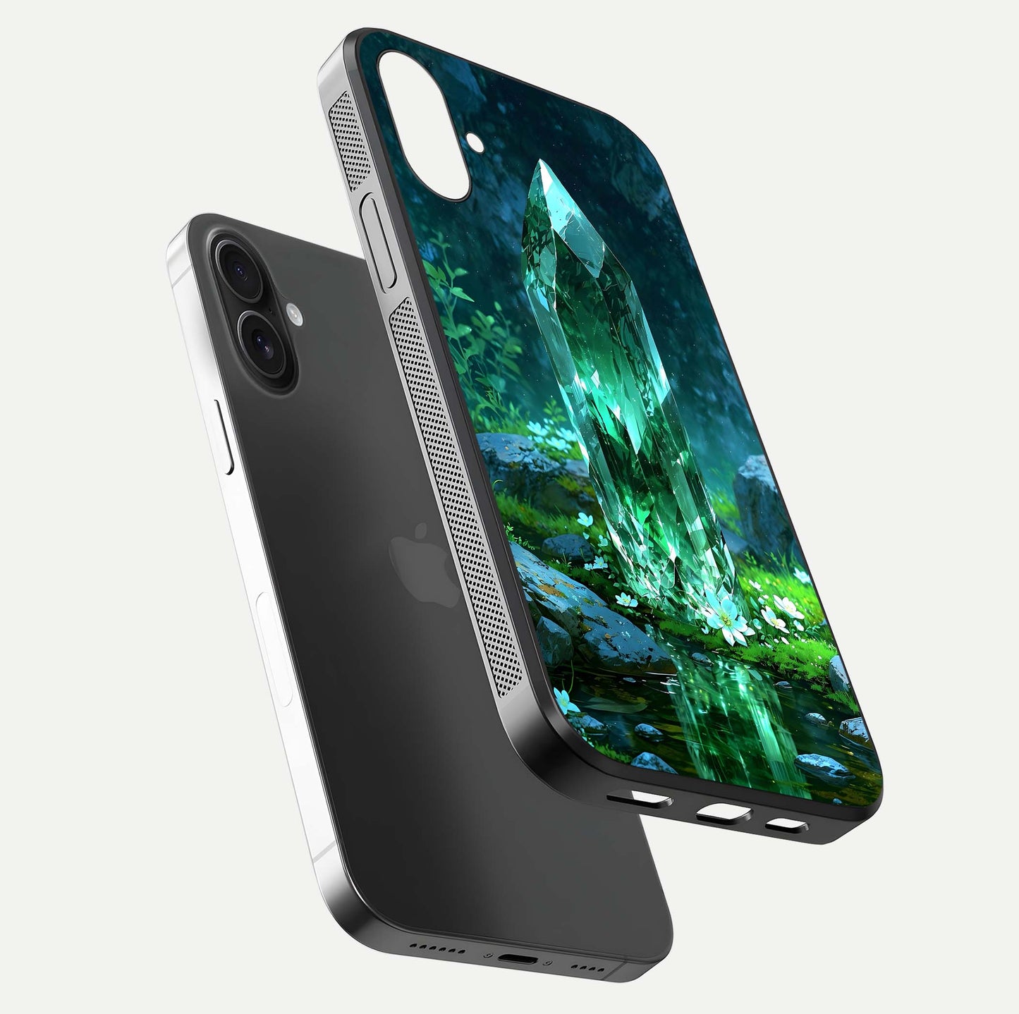 Emerald Light Crystal Glass Case for iPhone 16 floating mockup showing glossy finish and radiant light pattern