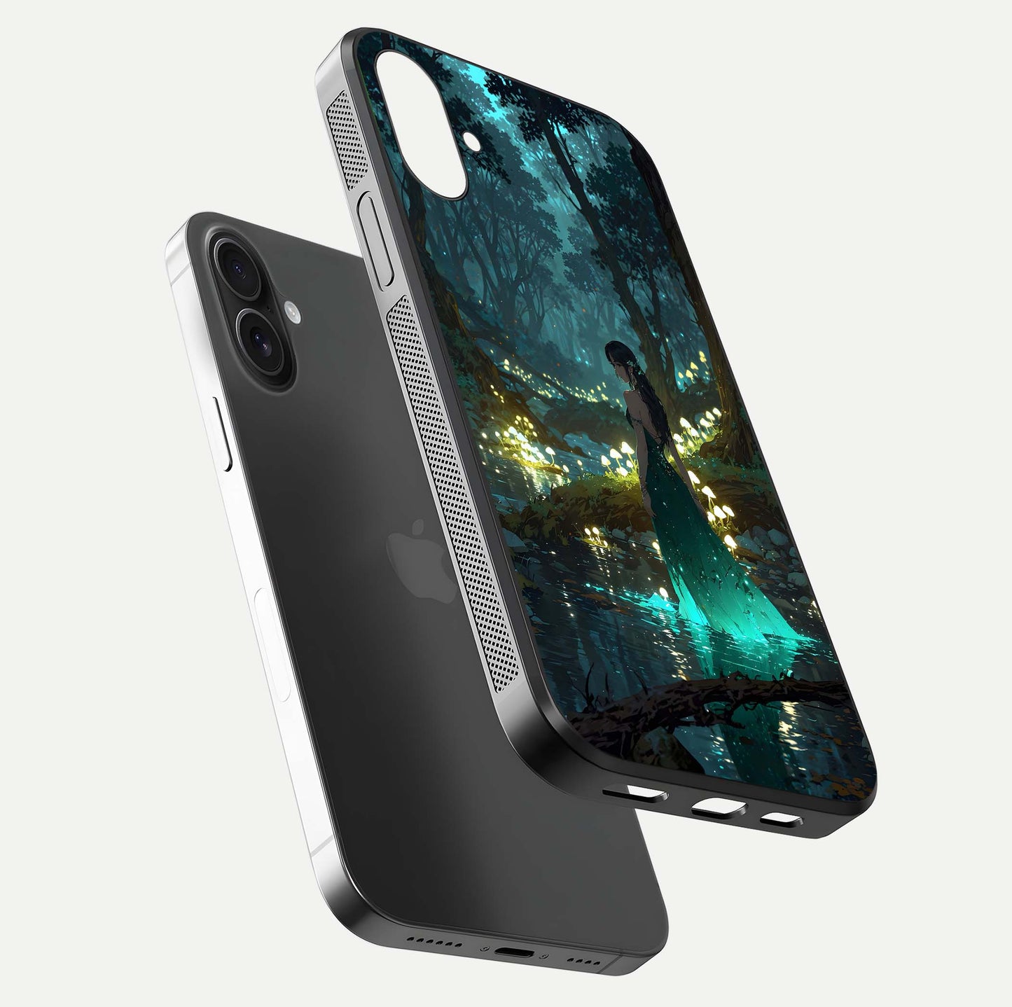 Enchanted Forest Glow Glass Case for iPhone 16 floating mockup showing gloss polish and fantasy vibe