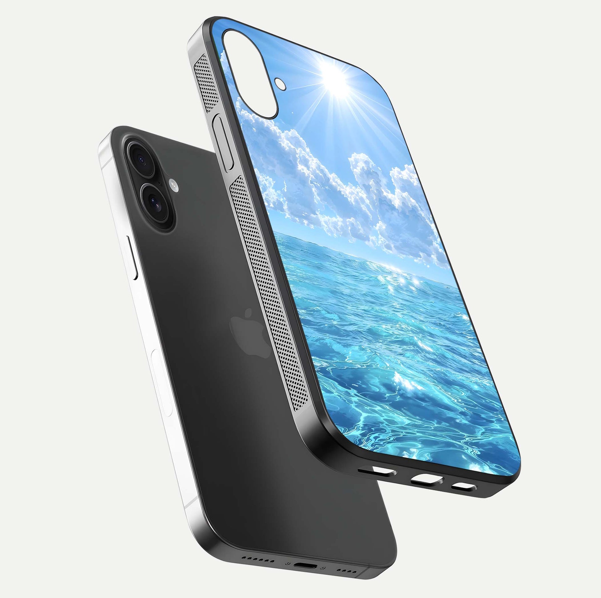 Endless Ocean Horizon Glass Case for iPhone 16 floating mockup showing HD gloss and tranquil color