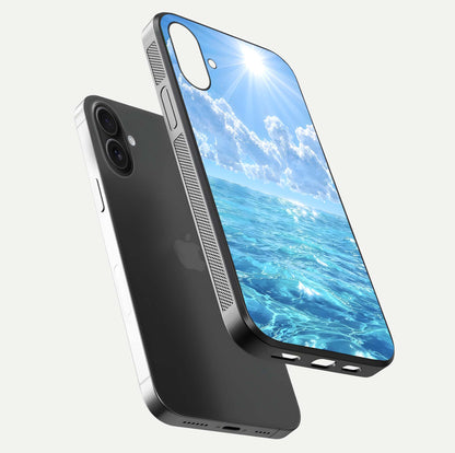 Endless Ocean Horizon Glass Case for iPhone 16 floating mockup showing HD gloss and tranquil color