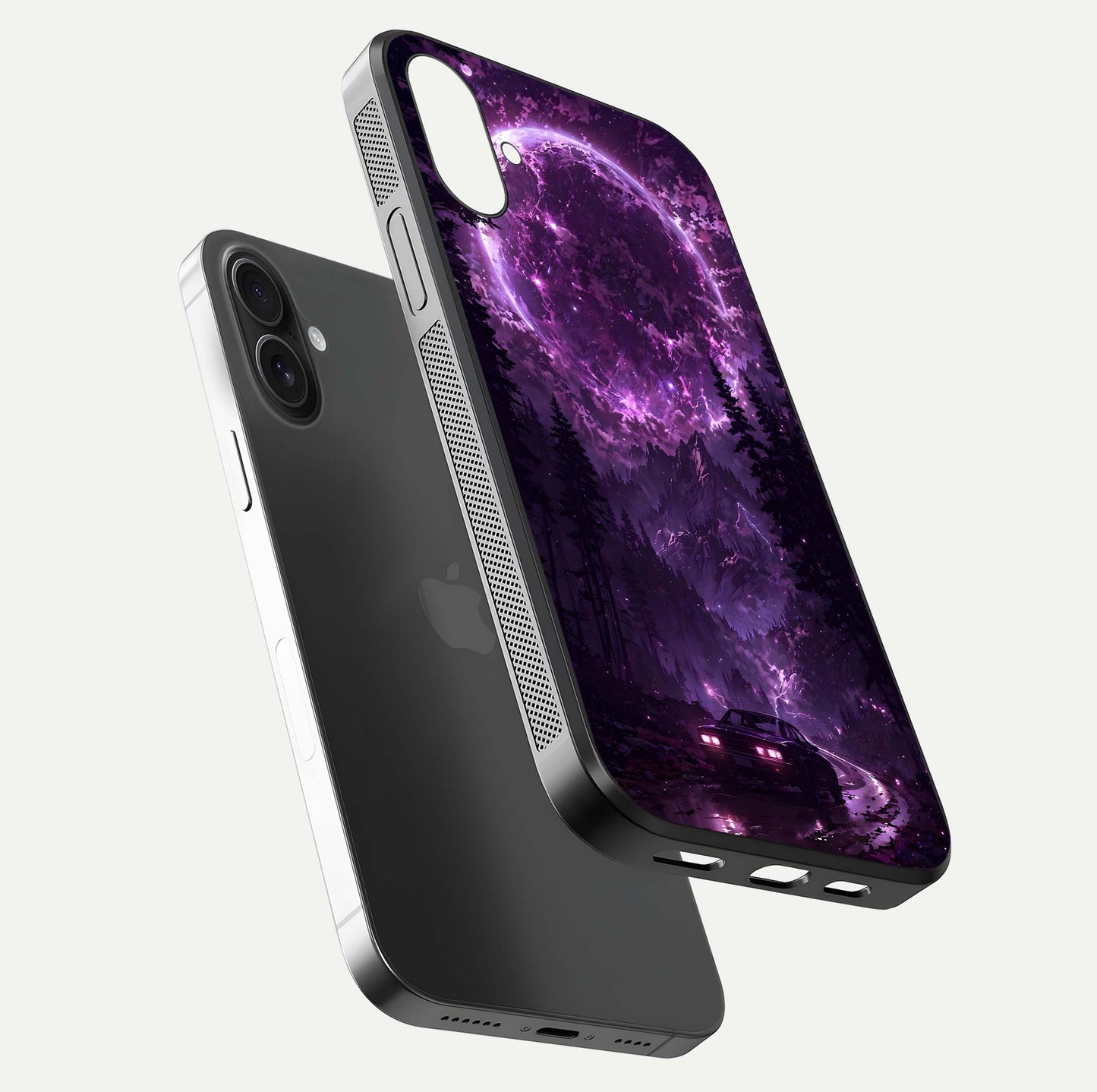 Eternal Cosmic Drive Glass Case for iPhone 16 floating mockup showing glossy polish and vivid glow
