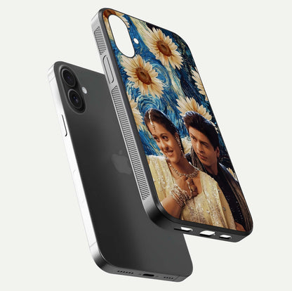 Eternal Love Story Glass Case for iPhone 16 floating mockup showing glossy shine and romantic tone