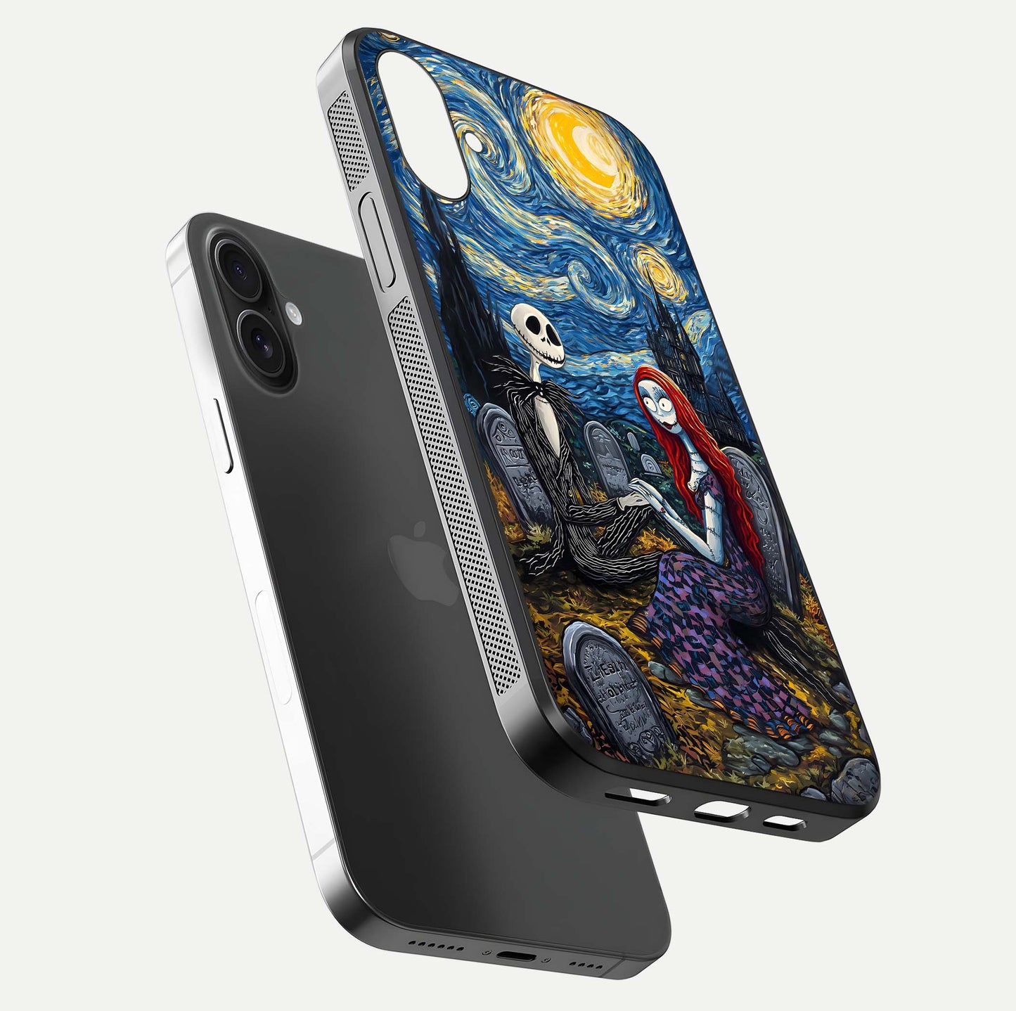 Eternal Night Love Glass Case for iPhone 16 floating mockup showing gloss brightness and romantic vibe