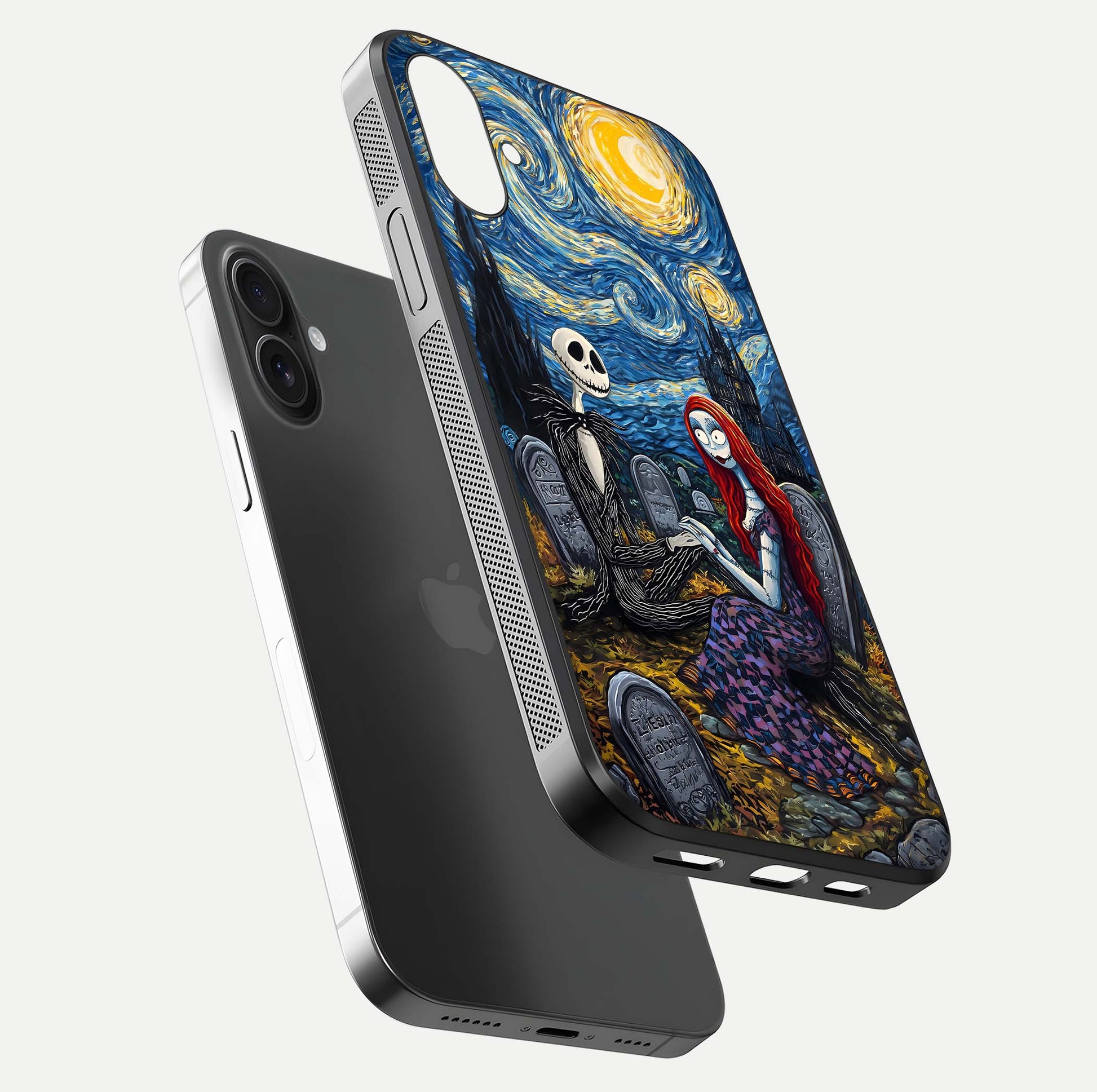 Eternal Night Love Glass Case for iPhone 16 floating mockup showing gloss brightness and romantic vibe