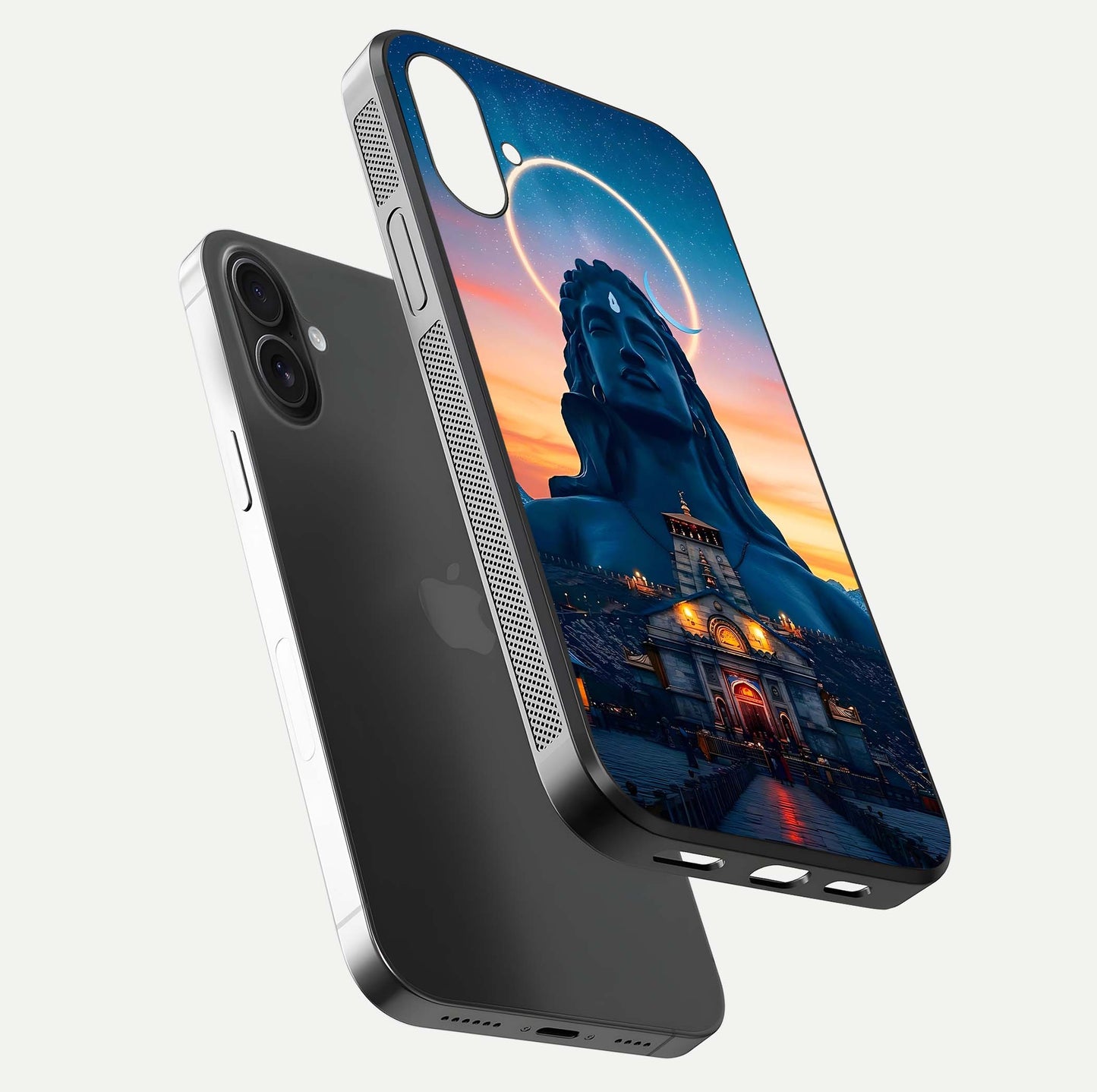 Eternal Shiva Aura Glass Case for iPhone 16 floating mockup showing gloss texture and spiritual glow