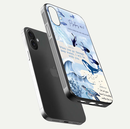 Faithful Ocean Promise Glass Case for iPhone 16 floating mockup displaying glossy surface and vivid depth