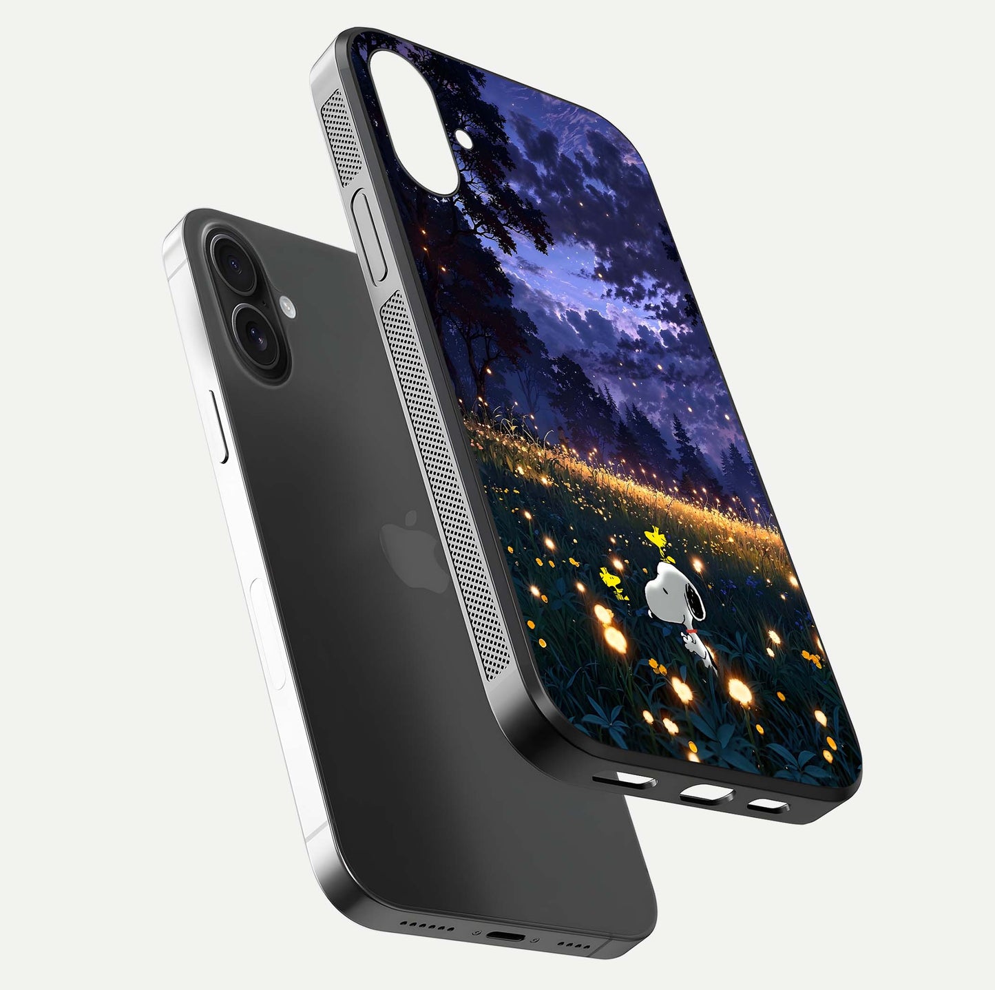 Firefly Meadow Magic Glass Case for iPhone 16 floating mockup showing gloss polish and magical night hues