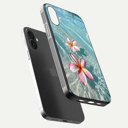Floating Bloom Bliss Glass Case for iPhone 16 floating mockup showing HD gloss shine and floral texture