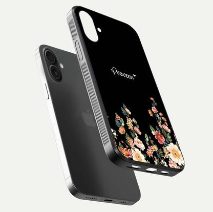 Floral Design Personalized Custom Name Glass Case for iPhone 16 floating mockup showing reflection polish and vivid colors