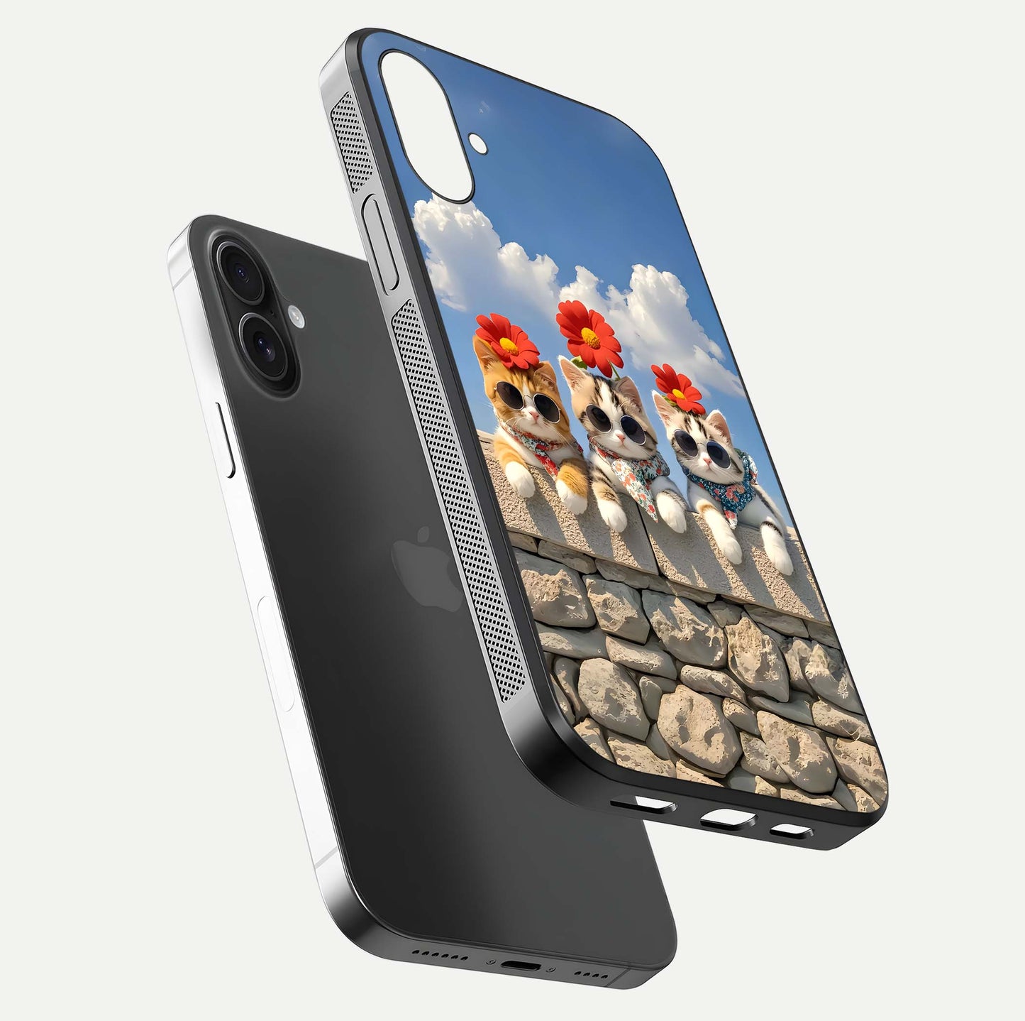Floral Kitty Squad Glass Case for iPhone 16 floating mockup showing gloss texture and playful charm