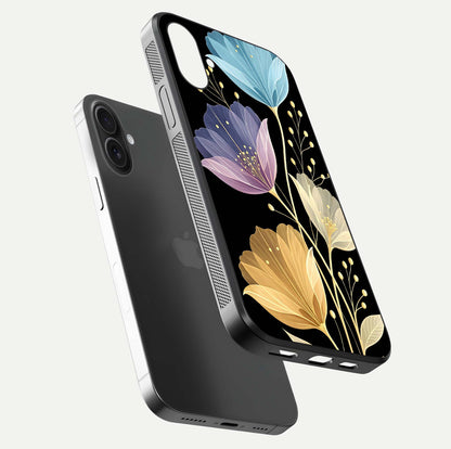 Flower Bloom Glow Glass Case for iPhone 16 floating mockup showing HD shine and artistic detail