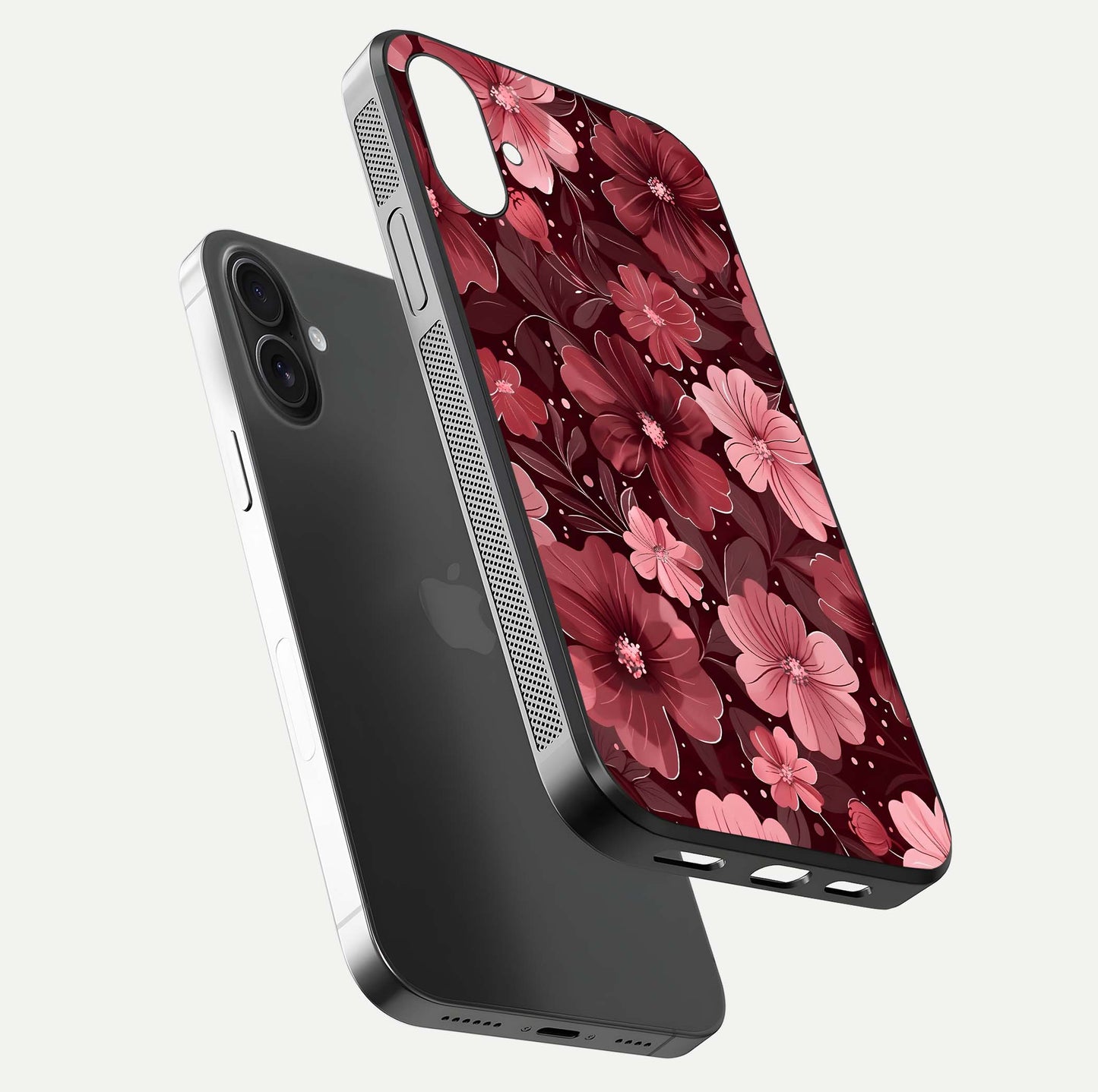 Flower Blush Bloom Glass Case for iPhone 16 floating mockup showing shine polish and elegant look