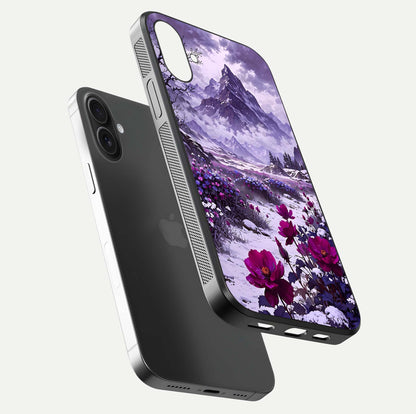 Flower Mountain View Glass Case for iPhone 16 floating mockup showing reflection glow and artistic clarity